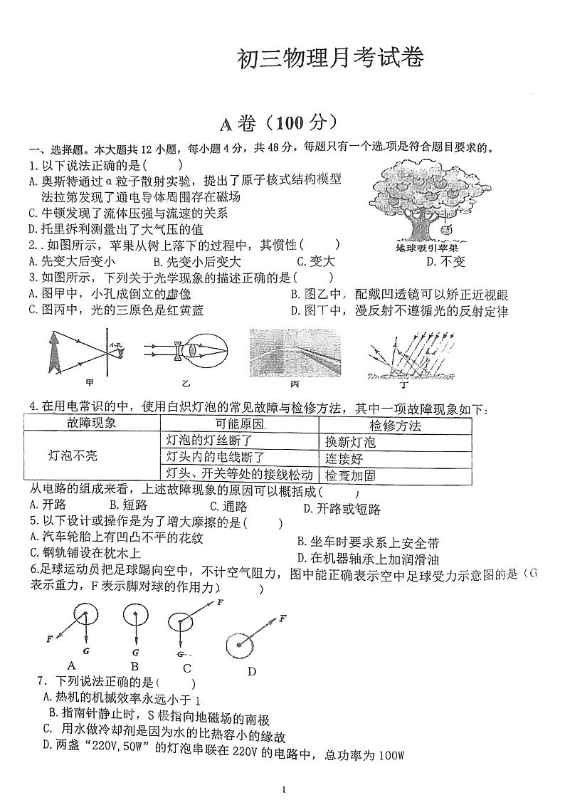 四川省资中县2022-2023学年度九年级下学期第一次月考物理试题01