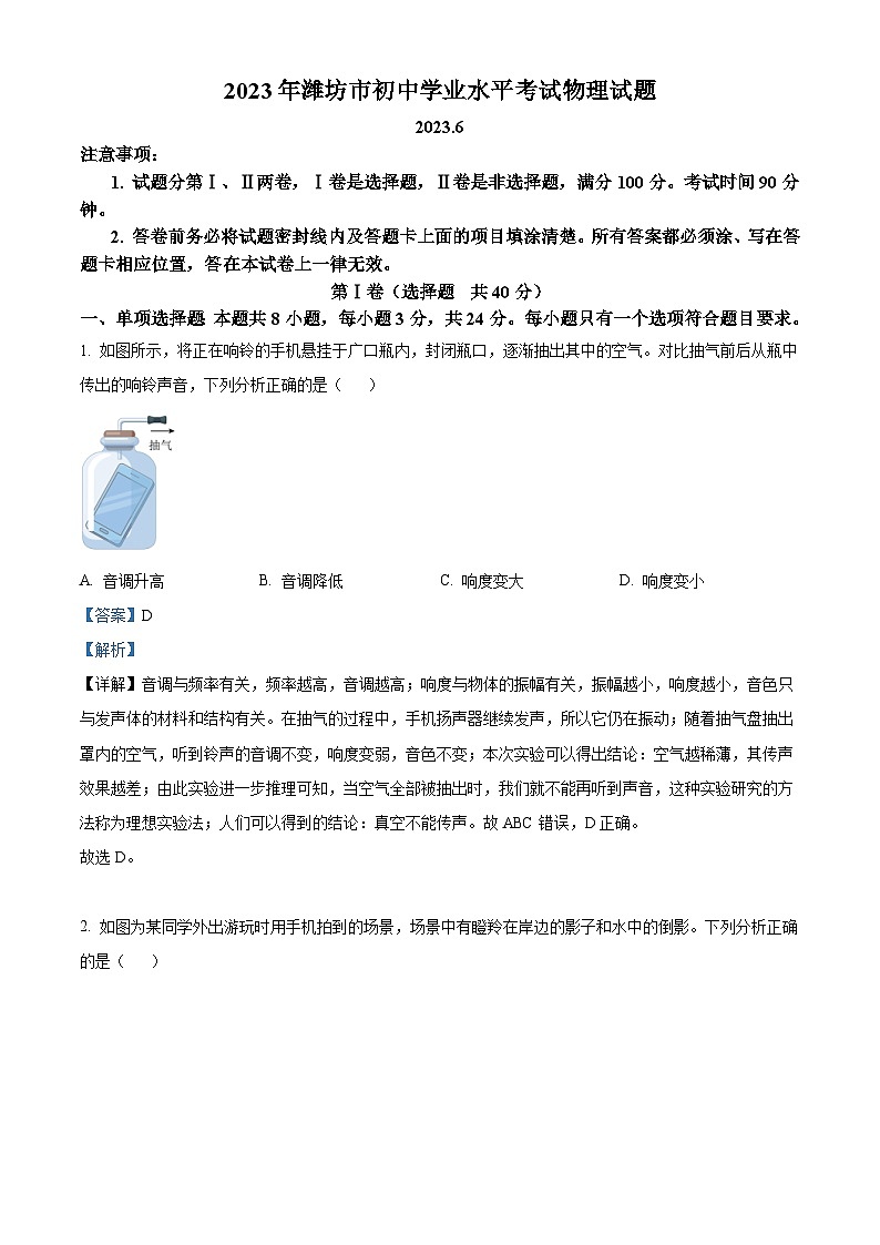 2023年山东省潍坊市中考物理真题（含解析）01