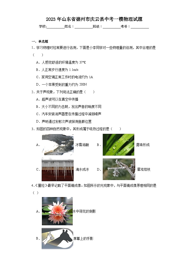 2023年山东省德州市庆云县中考一模物理试题（含解析）01