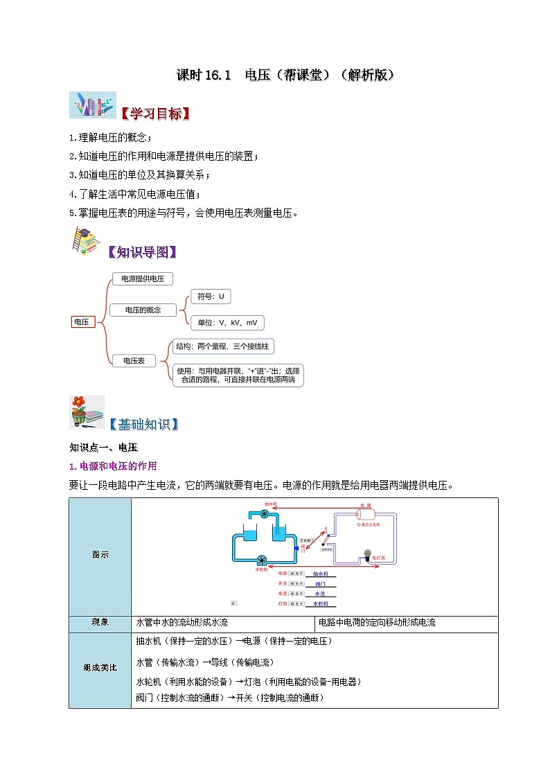 16.1 电压-九年级物理全册同步精品讲义+试卷（人教版）01