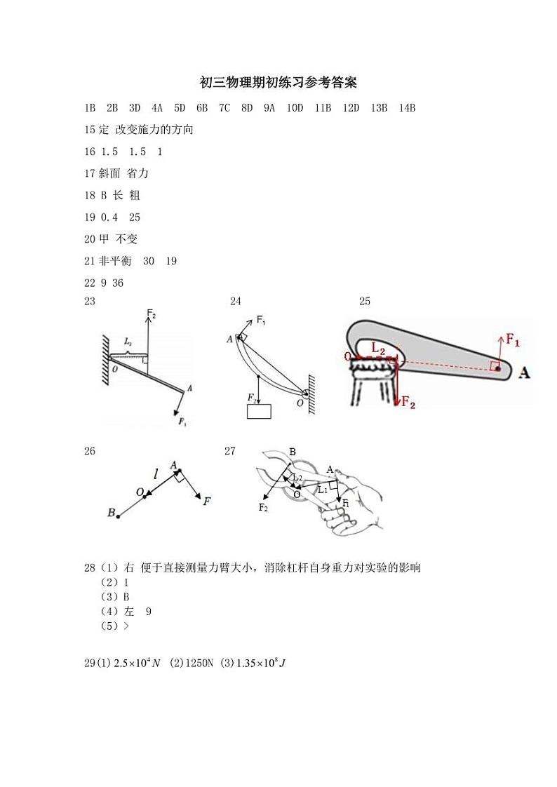 初三物理期初练习答案第1页