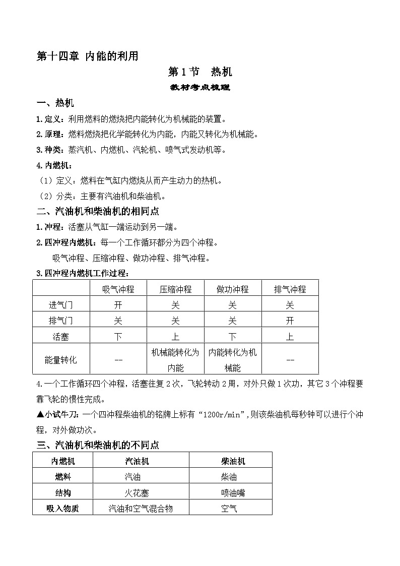 14.1热机-【课堂笔记】2023-2024学年九年级物理全一册教材解读与重难点突破（人教版） 学案01
