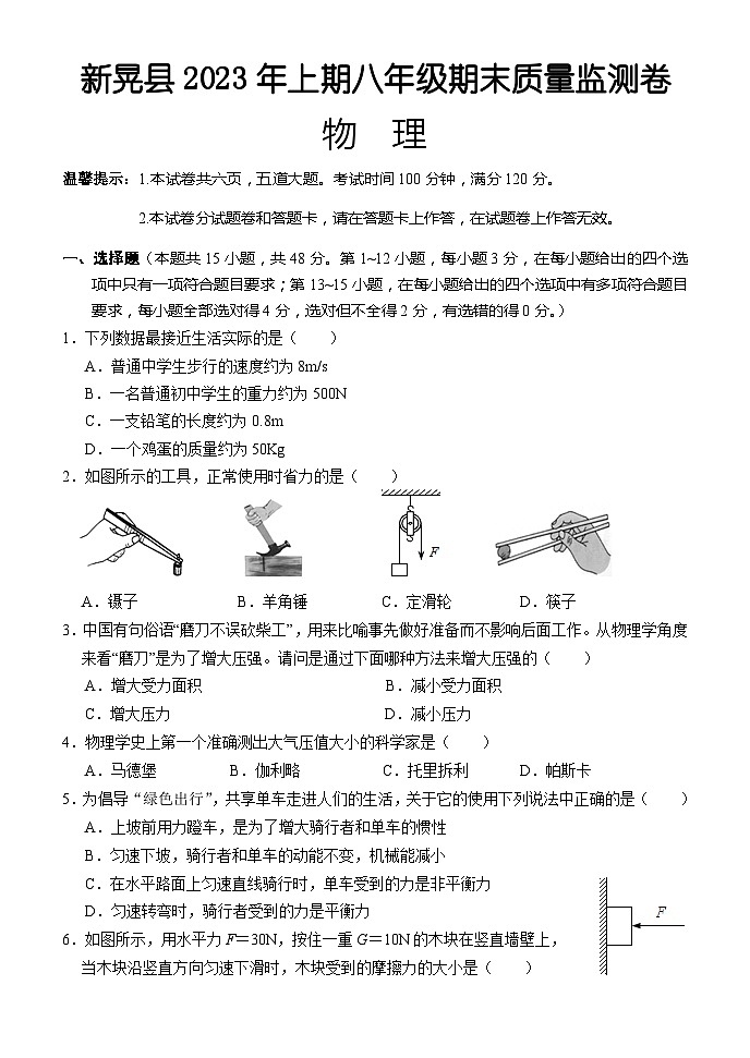 湖南省怀化市新晃县2022-2023学年八年级下学期期末考试物理试题01