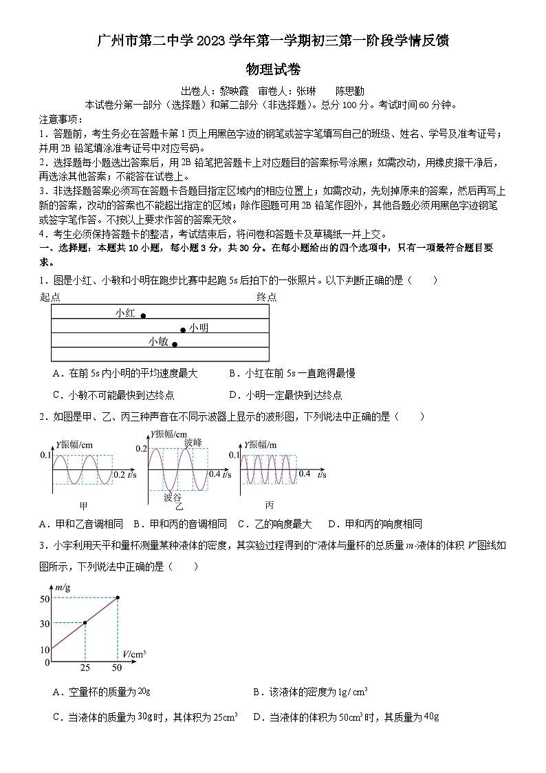 广东省广州市第二中学2023-2024学年九年级上学期物理开学测第1页