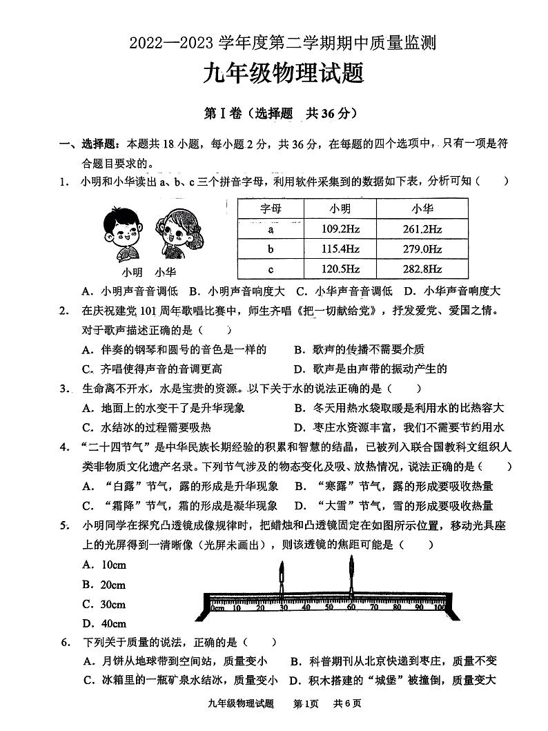 山东省枣庄市峄城区2022-2023学年九年级下学期期中物理试卷01