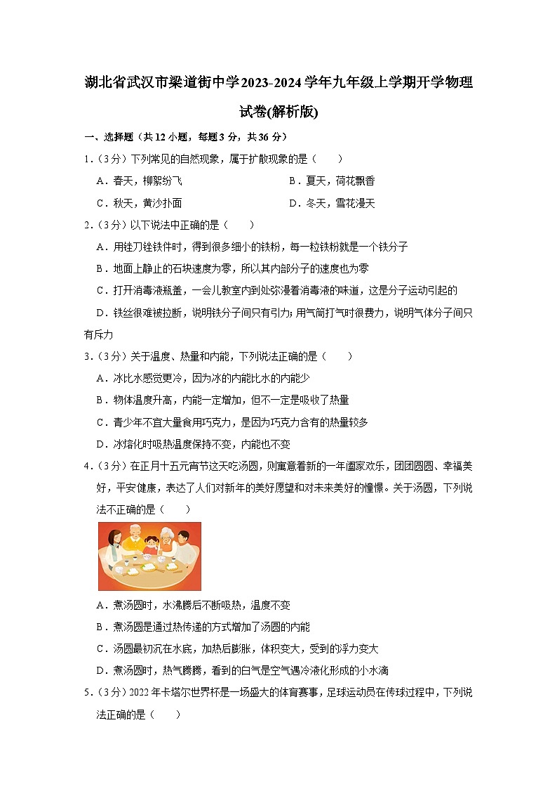 湖北省武汉市粮道街中学2023-2024学年九年级上学期开学物理试卷（含答案）第1页