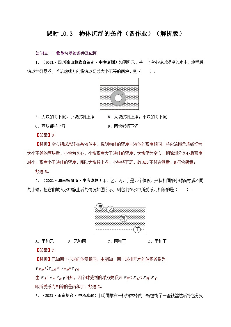 课时10.3  物体的沉浮条件及应用（备作业）（解析版）第1页