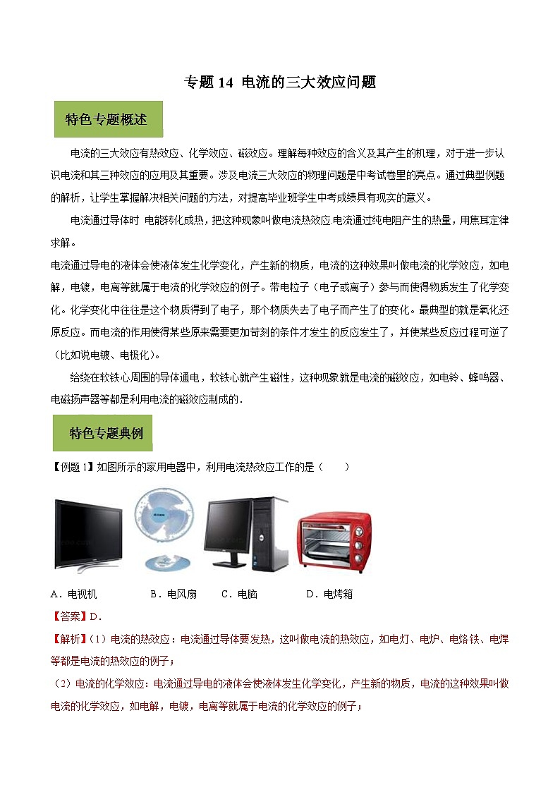 中考物理二轮复习核心考点复习专题14 电流的三大效应问题（含解析）第1页
