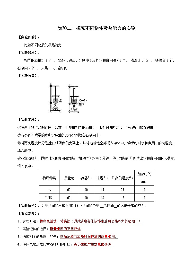 中考物理二轮复习实验专项练习实验02 探究不同物体吸热能力实验（含解析）01