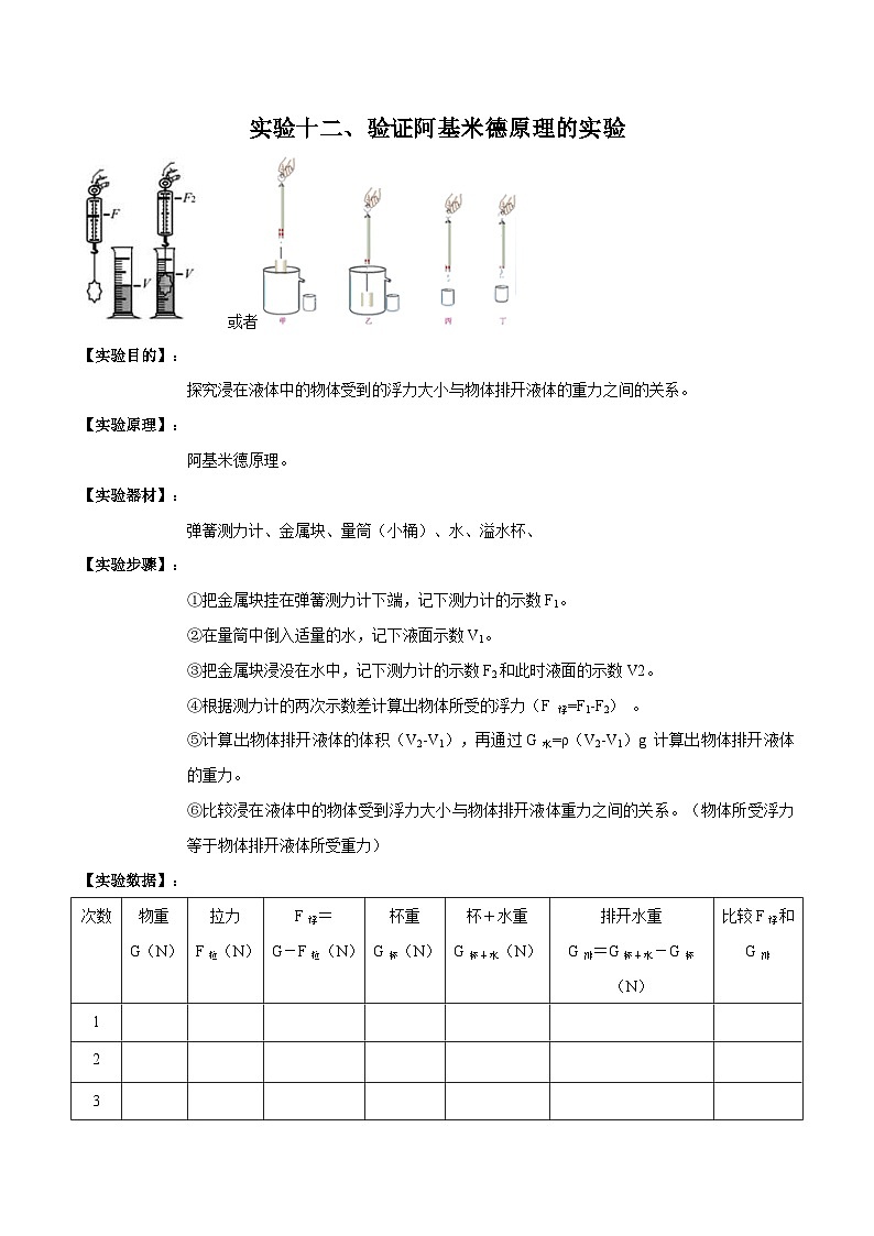 中考物理二轮复习实验专项练习实验12 验证阿基米德原理实验（含解析）01
