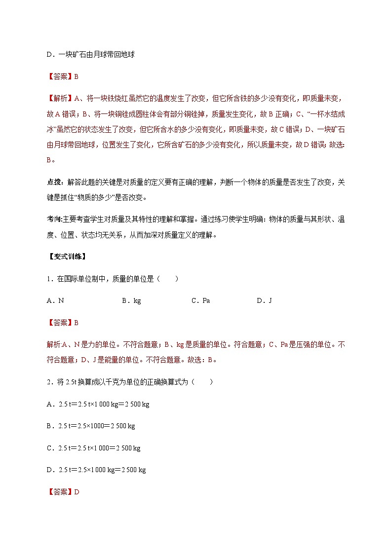 中考物理三轮复习考前冲刺练习（10）质量和密度的概念及应用 (含解析)第2页