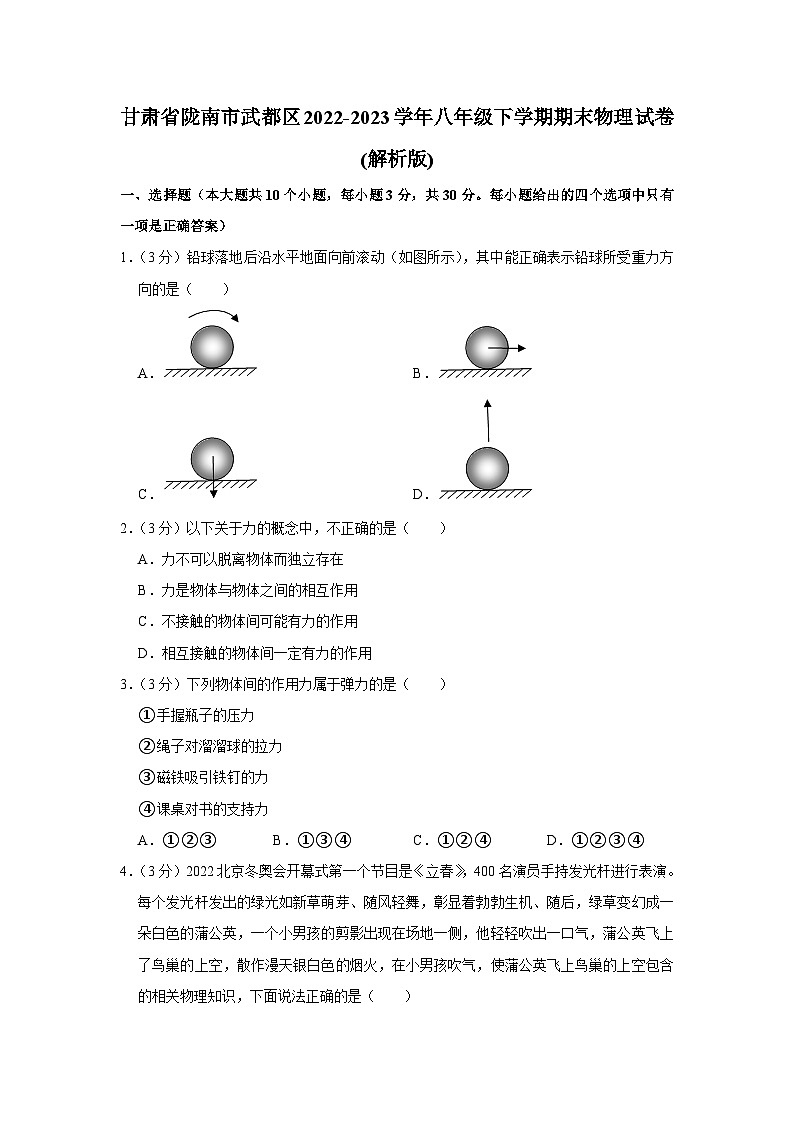 甘肃省陇南市武都区2022-2023学年八年级下学期期末物理试卷第1页