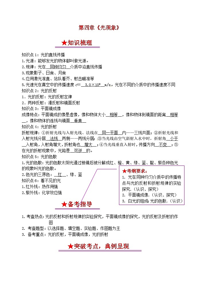 中考物理一轮复习知识点梳理及过关训练4光现象 (含答案)01