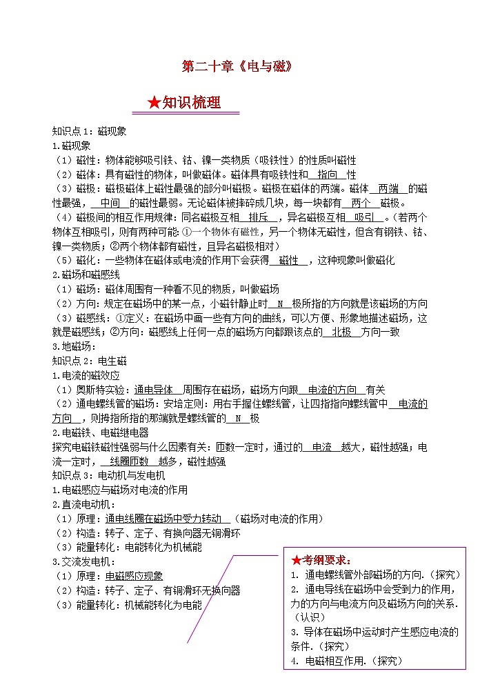 中考物理一轮复习知识点梳理及过关训练20电与磁 (含答案)第1页