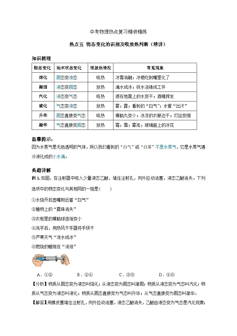 备考2024年中考物理重难点精讲精练：8-热点5 物态变化的识别及吸放热判断（精讲）01