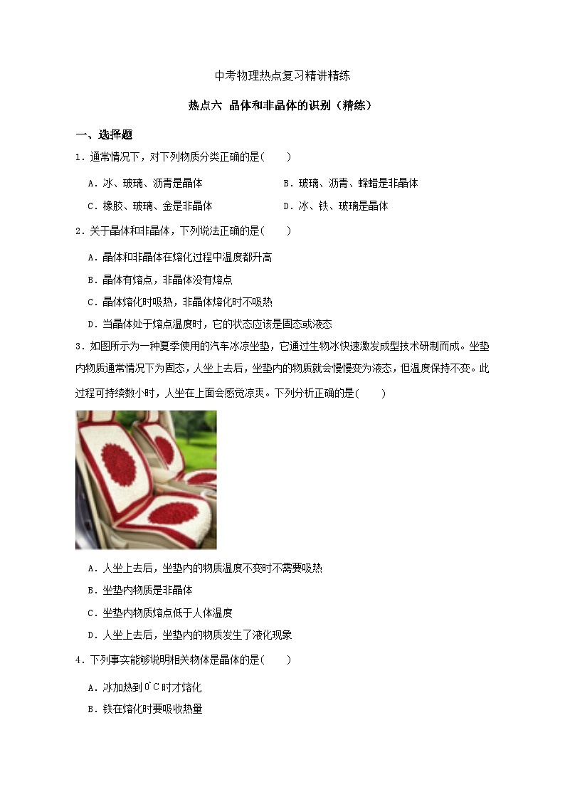 备考2024年中考物理重难点精讲精练：11-热点6 晶体和非晶体的识别（精练）01