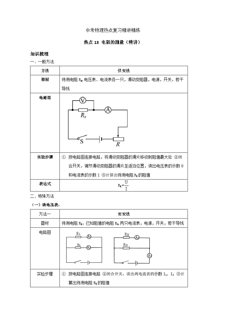 备考2024年中考物理重难点精讲精练：24-热点13 电阻的测量（精讲）第1页