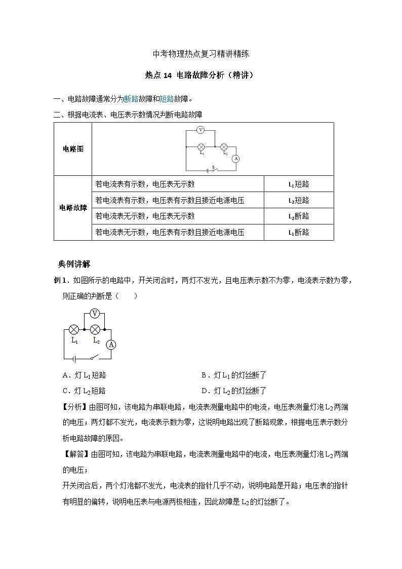 备考2024年中考物理重难点精讲精练：26-热点14 电路故障分析（精讲）第1页