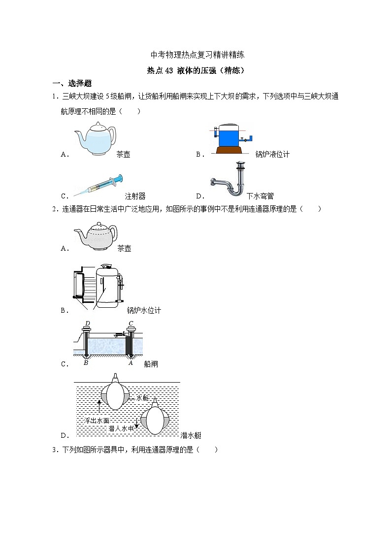 备考2024年中考物理重难点精讲精练：85-热点43 液体的压强（精练）01