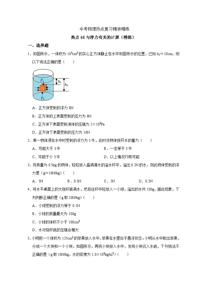 备考2024年中考物理重难点精讲精练：91-热点46 与浮力有关的计算（精练）第1页