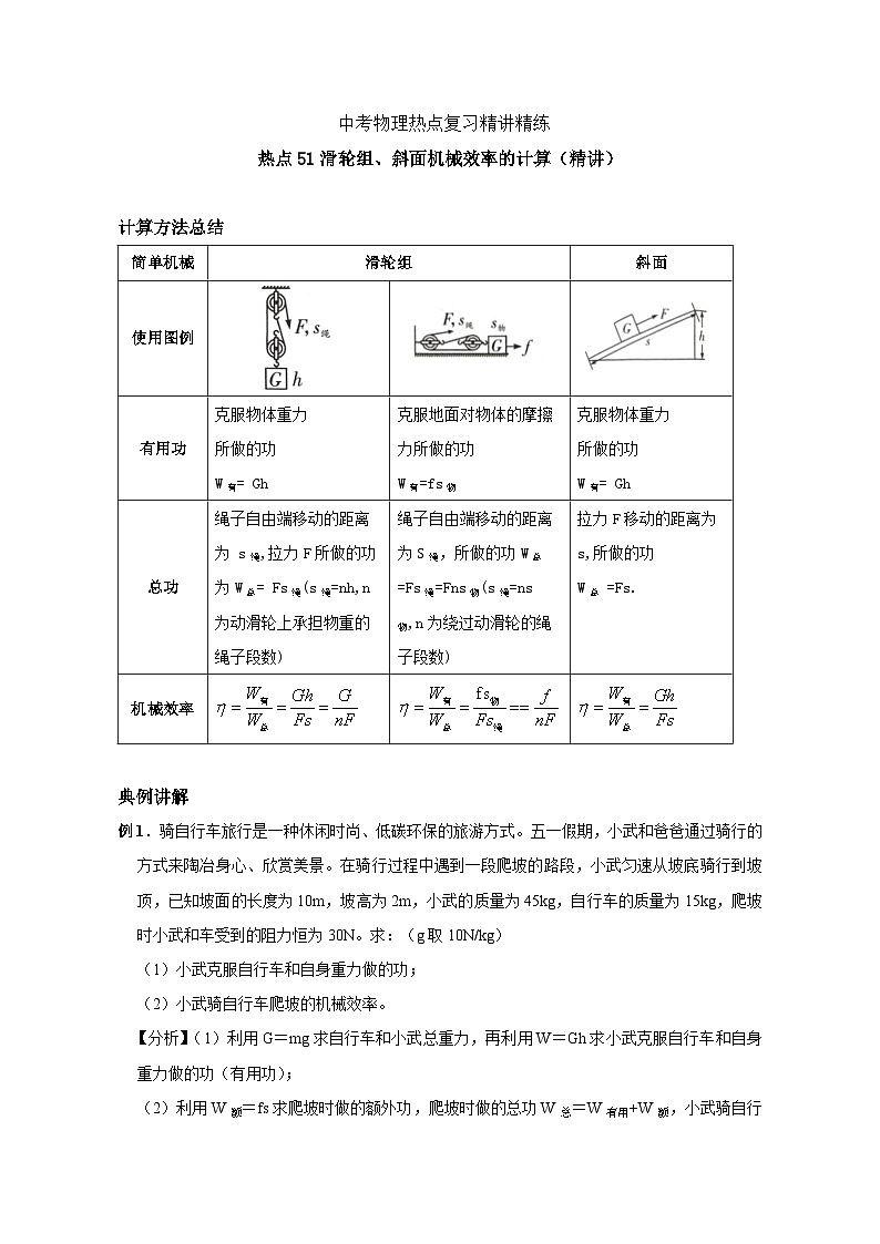 备考2024年中考物理重难点精讲精练：100-热点51 滑轮组、斜面机械效率的计算（精讲）01