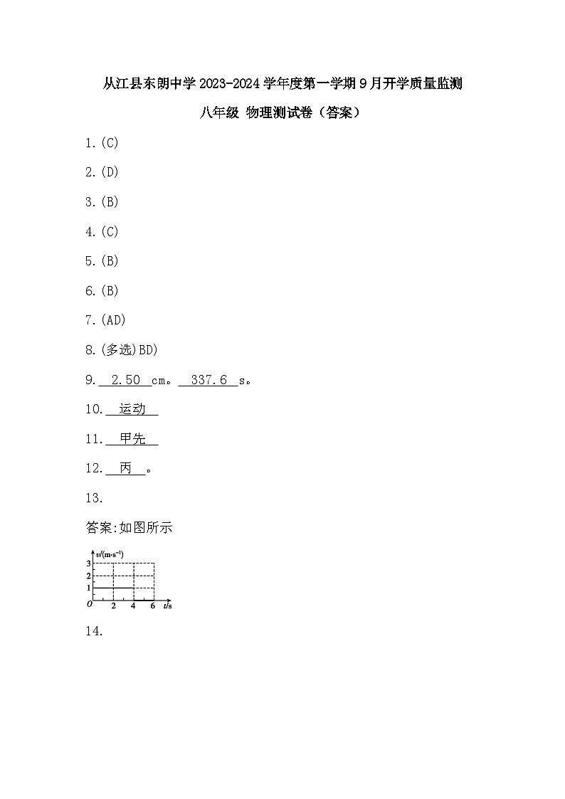 贵州省从江县东朗中学2023-2024学年度八年级上学期开学质量监测物理测试卷（含答案）01