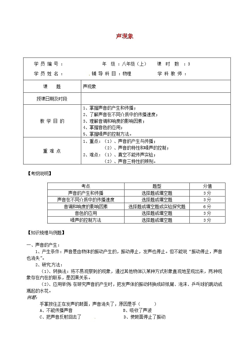 第二章《声现象知识点》复习教案-八年级物理上册【人教版】第1页