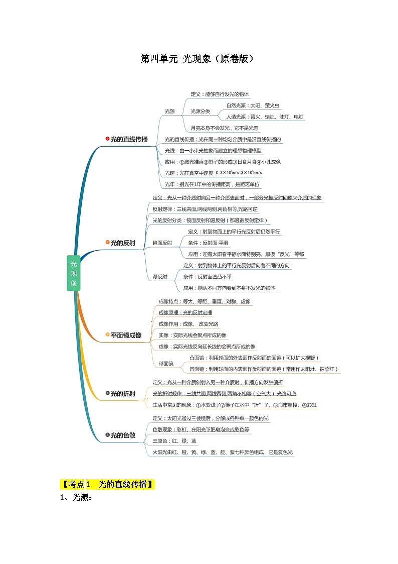 【期中单元考点讲义】（人教版）2023-2024学年八年级物理上册 第4单元 光现象 单元讲义01