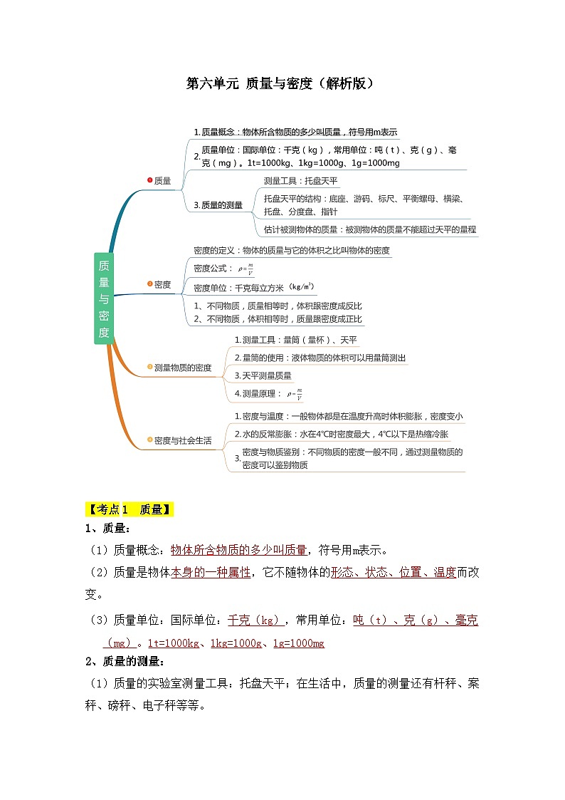 【期中单元考点讲义】（人教版）2023-2024学年八年级物理上册 第6单元 质量与密度 单元讲义01