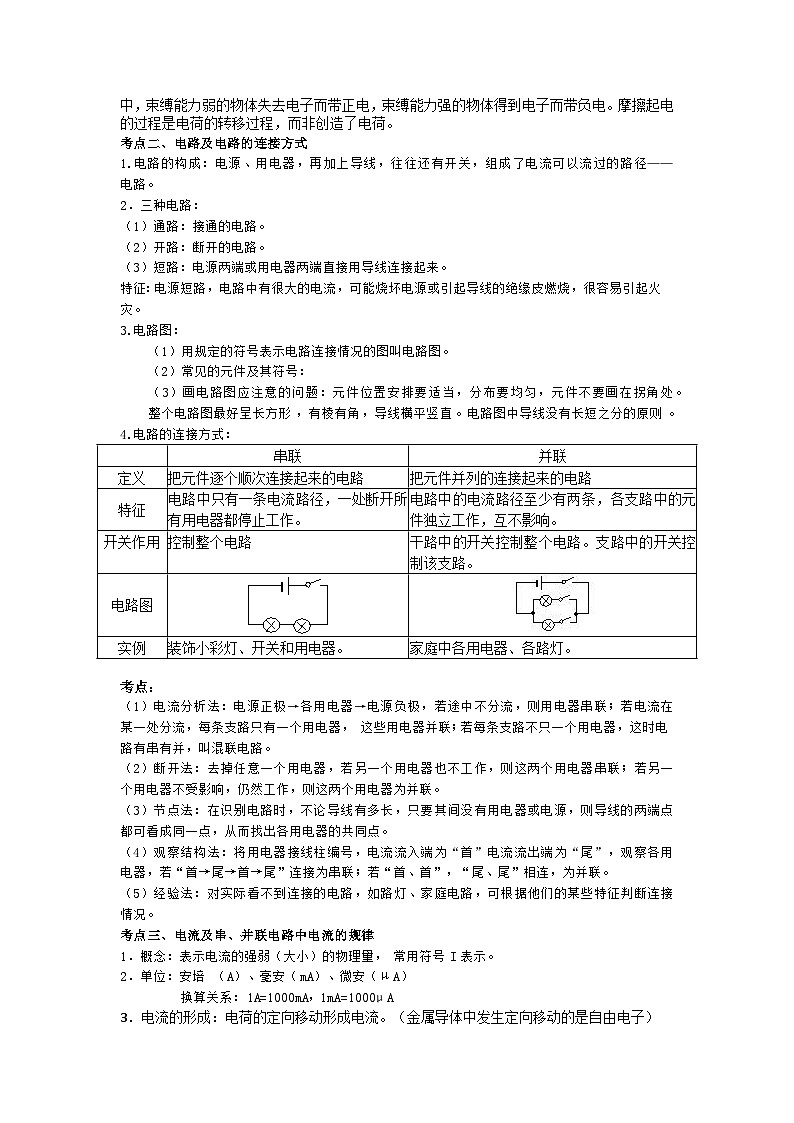【期中单元考点讲义】（沪科版）2023-2024学年九年级物理上册 第十四单元 了解电路 单元讲义02