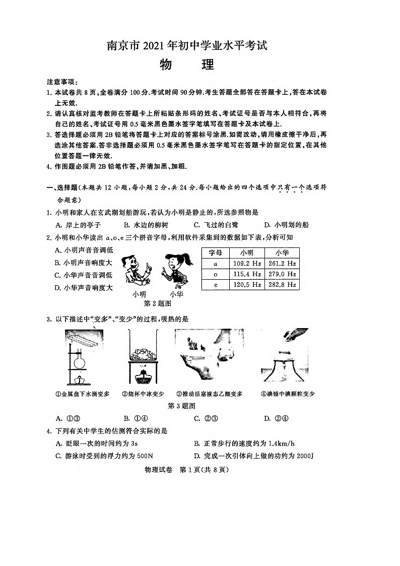 2021年江苏省南京市中考物理真题01