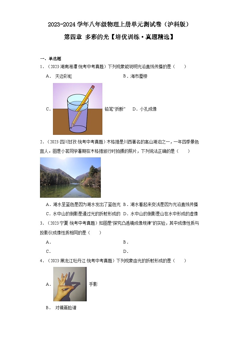 【期中单元测试卷】（沪科版）2023-2024学年八年级物理上册单元测试卷 第四章多彩的光（培优真题卷）01