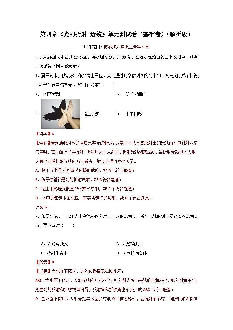 【期中单元测试】（苏科版）2023-2024学年八年级物理上册单元测试卷 第四章  光的折射+透镜【单元测试·基础卷】01