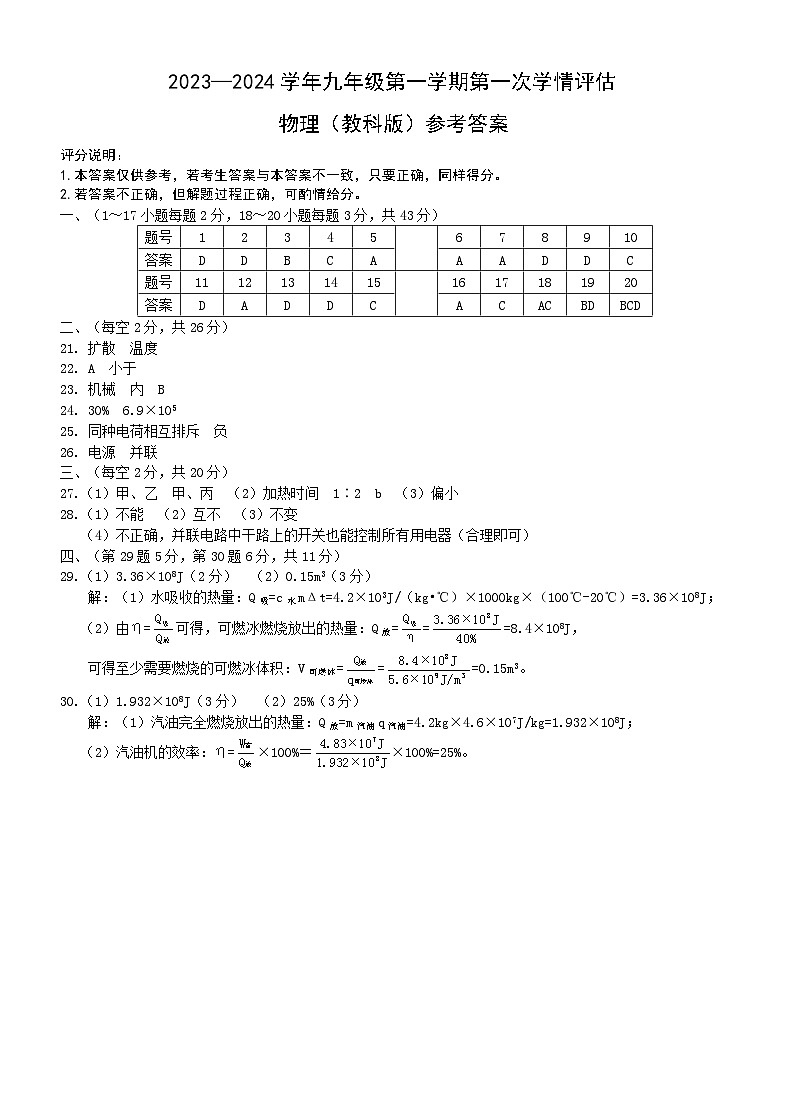 九年级物理（教科版）1答案第1页