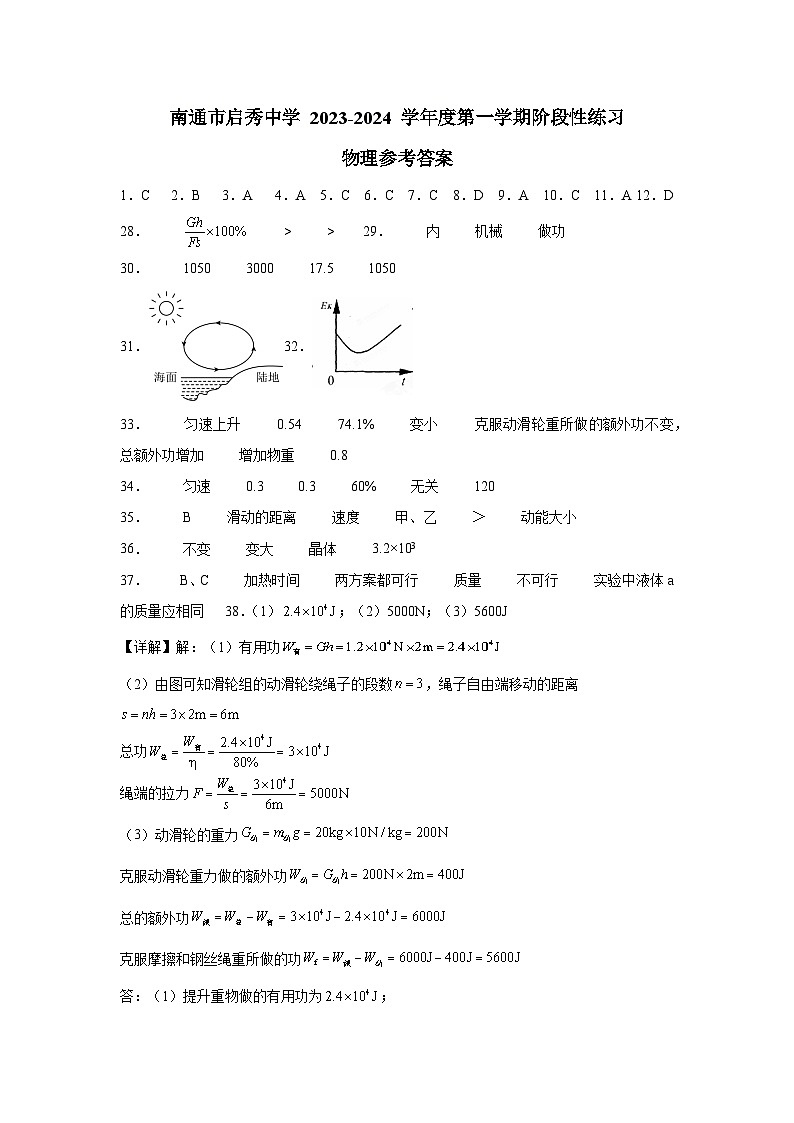 江苏省南通市启秀中学 2023-2024 学年度第一学期阶段性练习(9月)九年级物理答案第1页