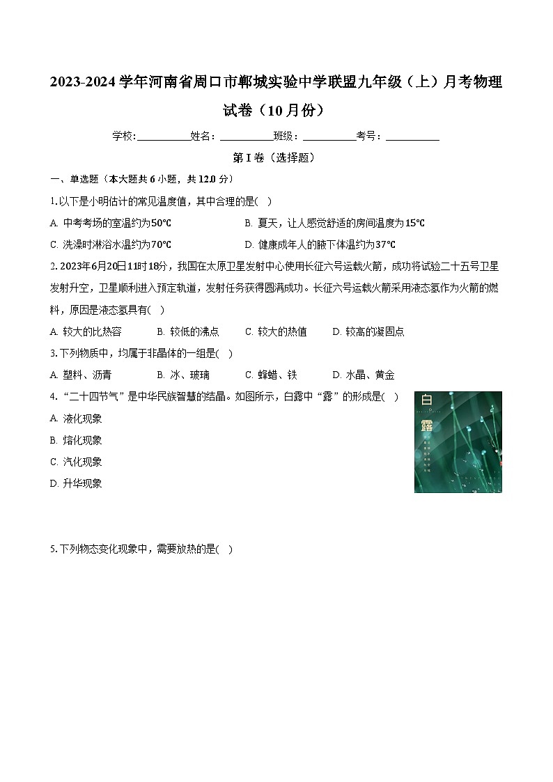 河南省周口市郸城实验中学联盟2023-2024学年九年级上学期月考物理试卷（10月份）+01