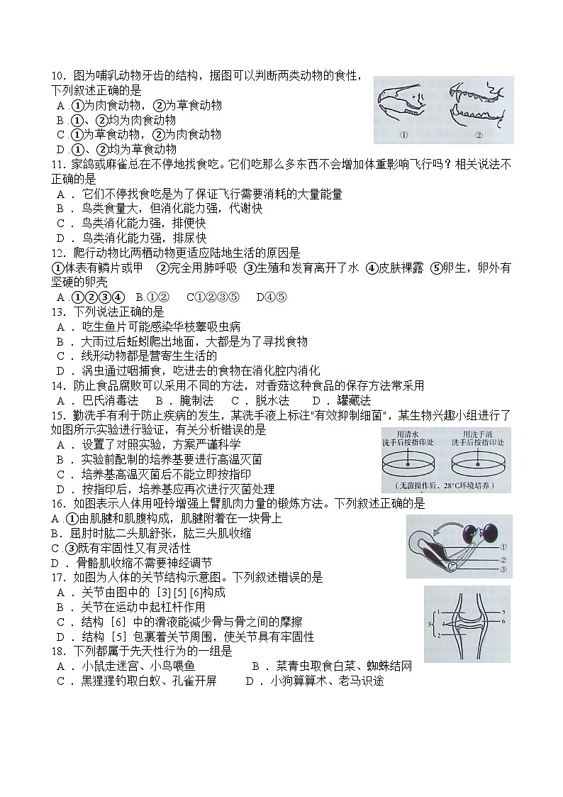 河北省沧州市肃宁县2022-2023第一学期期末考试卷八年级生物人教版0102