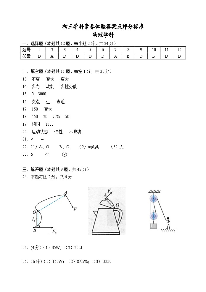 初三学科素养体验物理答案及评分标准第1页
