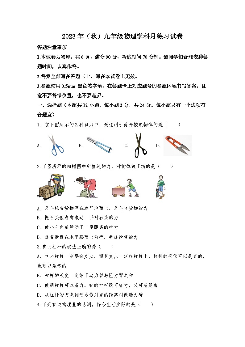江苏省宿迁市宿豫区宿豫三校2023-2024学年九年级上学期10月月考物理试题01