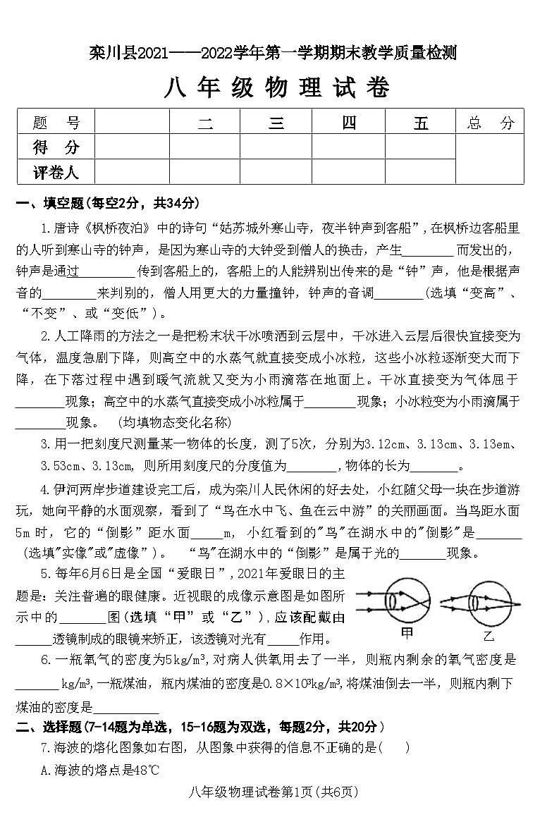 河南省洛阳市栾川县2021——2022学年第一学期期末教学质量检测八年级物理试卷附答案第1页