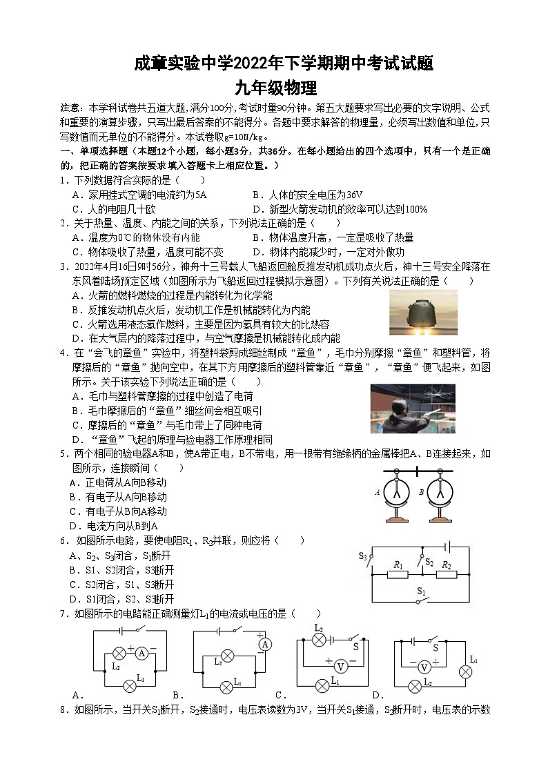 湖南省衡阳市成章实验中学2022-2023学年上学期期中考试九年级物理试卷第1页