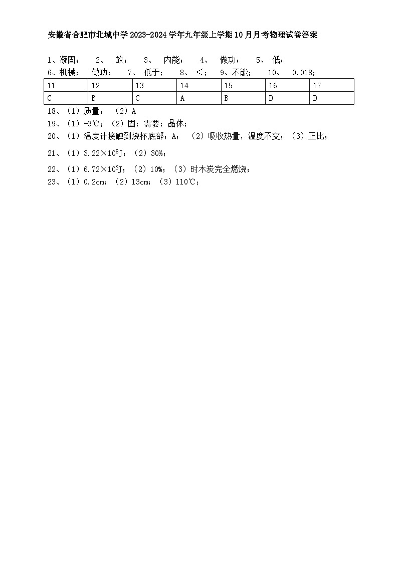 安徽省合肥市北城中学2023-2024学年九年级上学期10月月考物理试卷答案第1页