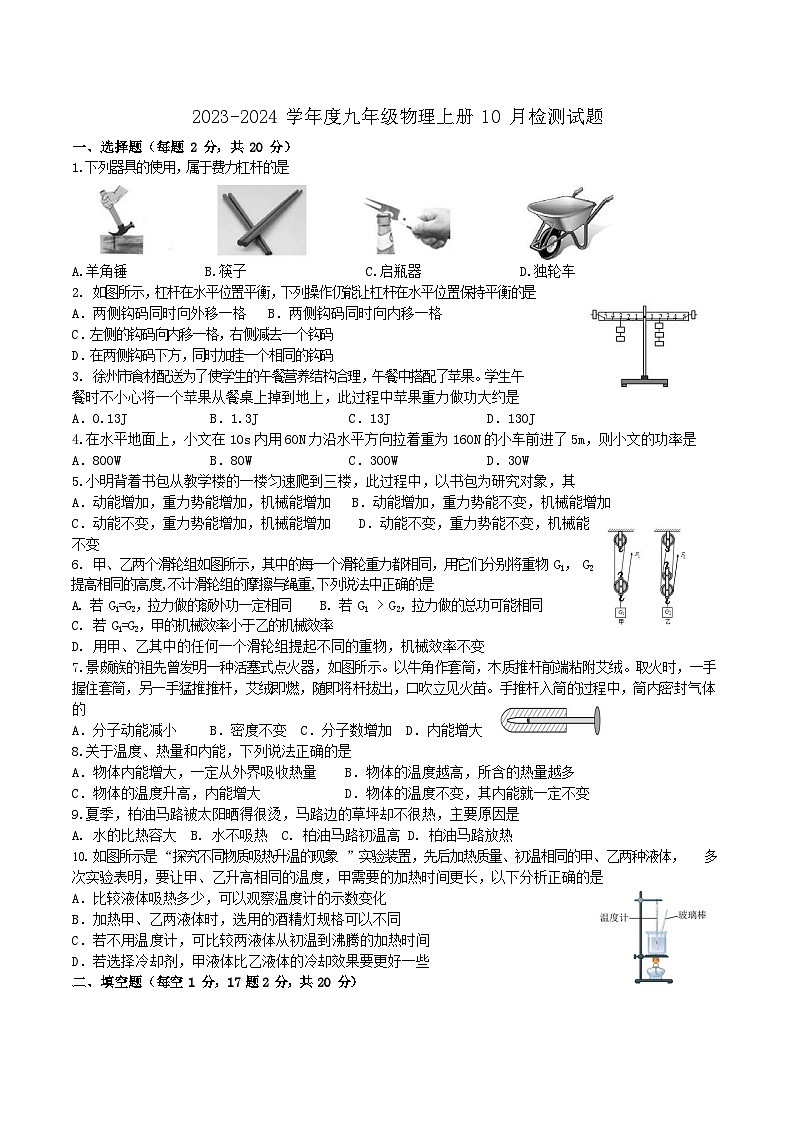 江苏省新沂市第十中学2023-2024学年九年级上学期10月检测物理试题（月考）(01)第1页