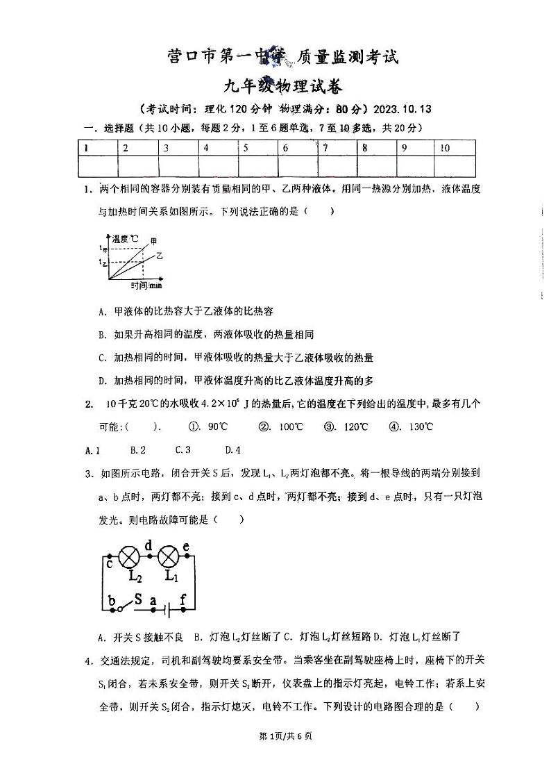 辽宁省营口市第一中学2023-2024学年九年级上学期10月质量监测物理试题（月考）01