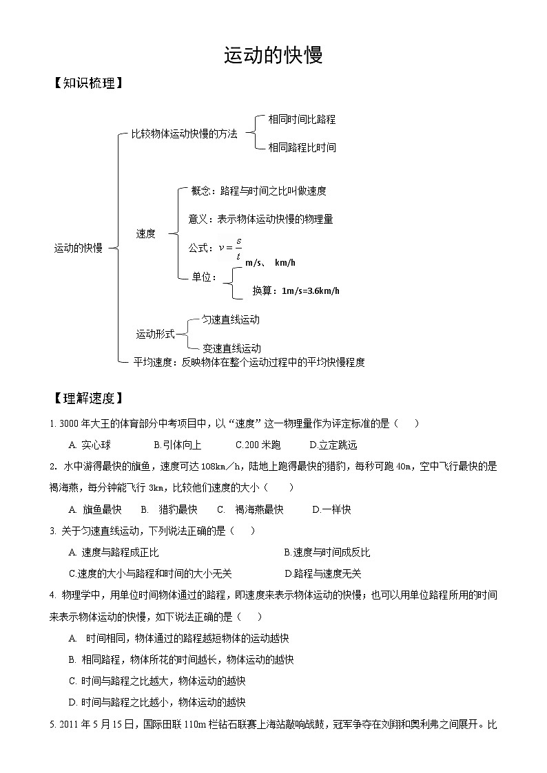 人教版物理八年级上册期末复习——运动的快慢 试卷01