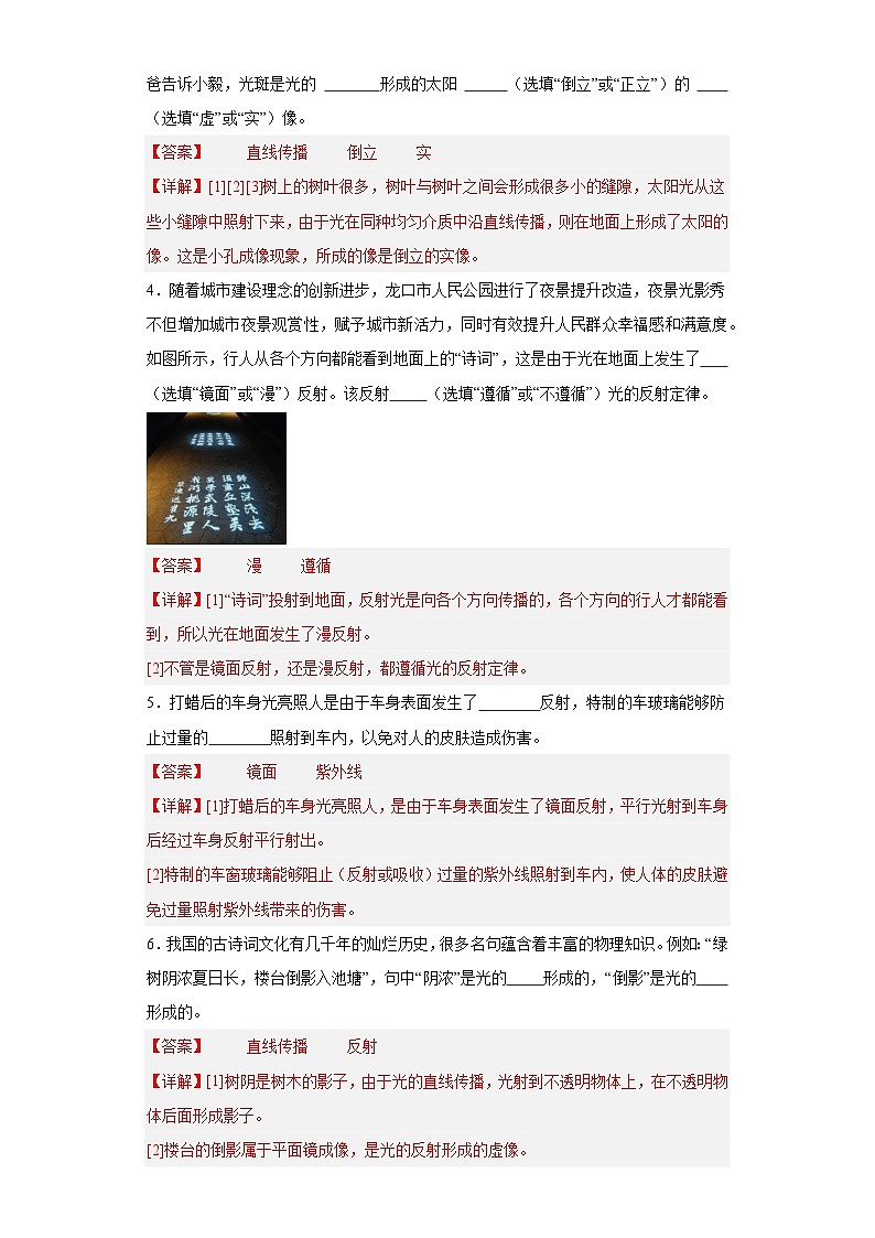 人教版八年级上册网络实验06 光现象综合判断（解析版） 试卷02