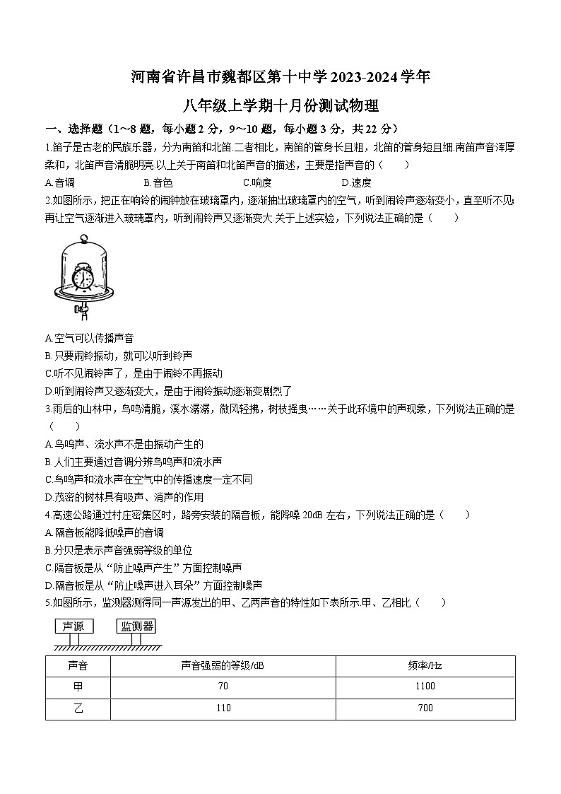 河南省许昌市第十中学2023-2024学年八年级上学期10月月考物理试题第1页