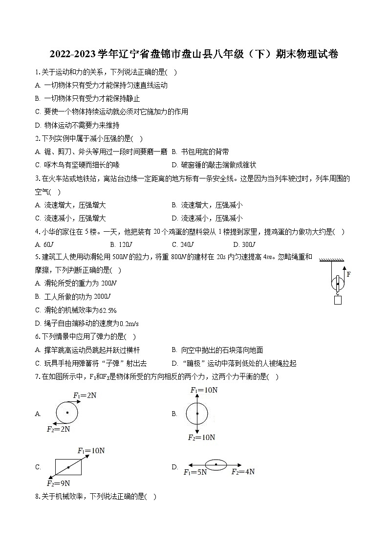 2022-2023学年辽宁省盘锦市盘山县八年级（下）期末物理试卷（含答案解析）第1页