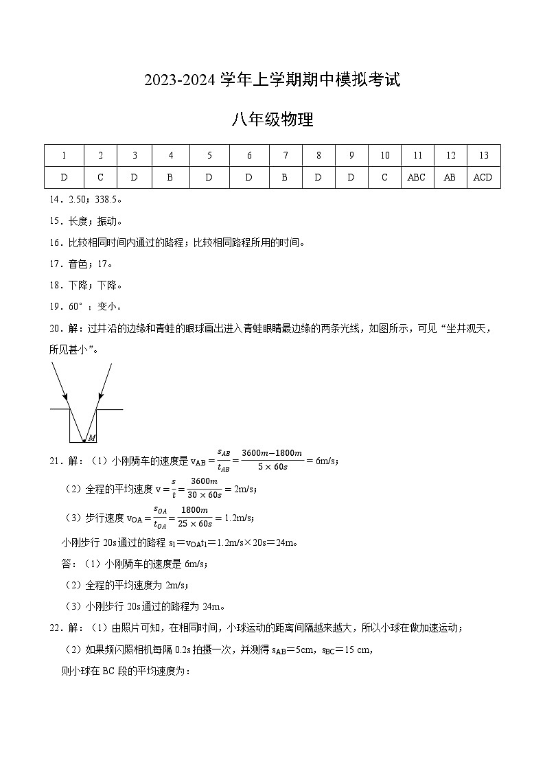期中模拟卷（天津）2023-2024学年八年级物理上学期期中模拟考试试题含答案（答题卡）01