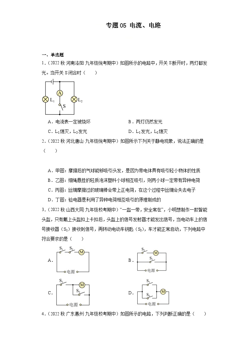 【期中真题】2023-2024学年九年级物理上册 期中真题分类专题汇编专题05 电流、电路-试卷.zip01